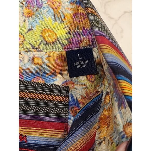 Robert Graham Mens Flip Cuff Shirt Green Red Blue Stripe DAISY Reverse Print | L - Picture 3 of 13